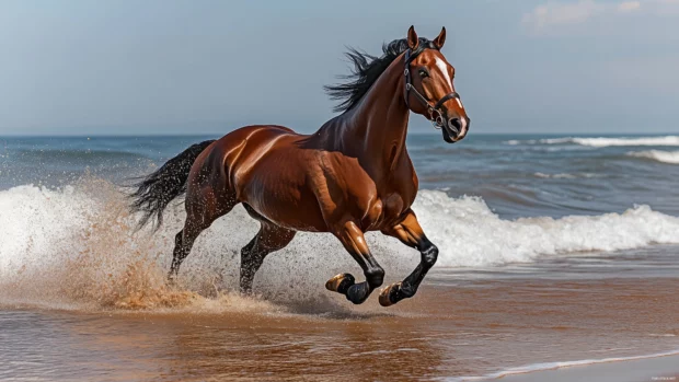 A fine Arabian horse races, beach serene, crashing waves, grace and liberty shine.