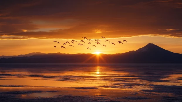 A flamboyance of flamingos taking flight at sunrise over pink salt flats, an eye catching bird wallpaper.