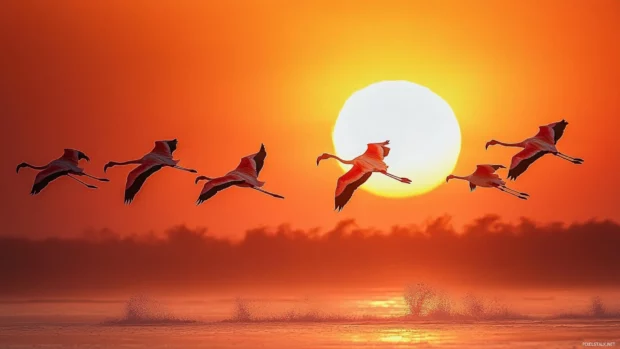 A flamboyance of flamingos taking flight at sunrise over pink salt flats, an eye catching bird wallpaper.