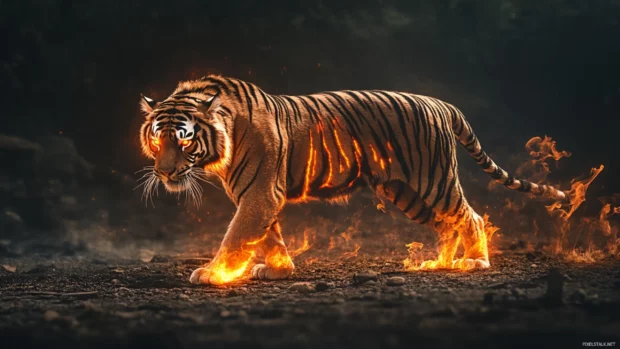 A flaming tiger with fire bursting from its stripes, its eyes glowing like molten lava, standing in a darkened battlefield.