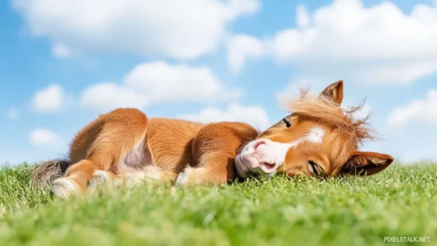 A fluffy baby horse with an oversized, flowy mane, playfully rolling on soft grass under a bright blue sky, charming and heartwarming.
