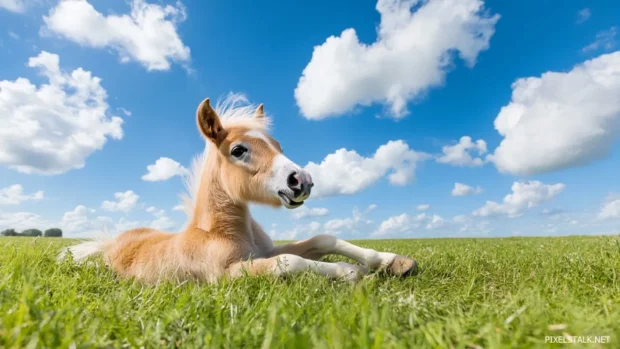 A fluffy baby horse with an oversized mane, playfully rolling on soft grass.