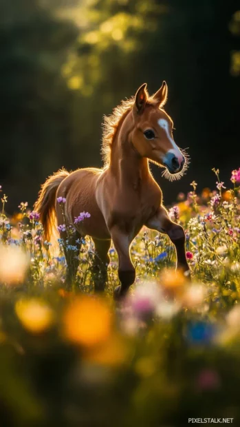 A fluffy foal playfully prancing in a sunny meadow, surrounded by wildflowers.