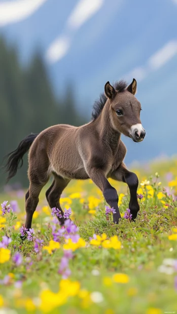 A fluffy foal prancing in a sunny meadow, surrounded by colorful wildflowers.