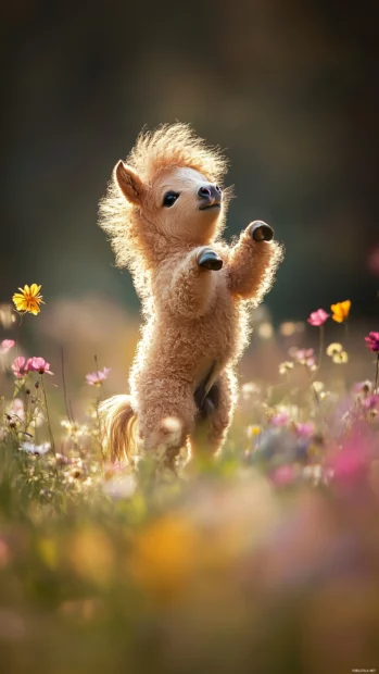 A fluffy foal prancing in a sunny meadow, surrounded by colorful wildflowers.