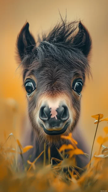 A fluffy maned pony chewing grass, its big eyes shining against a pastel backdrop.