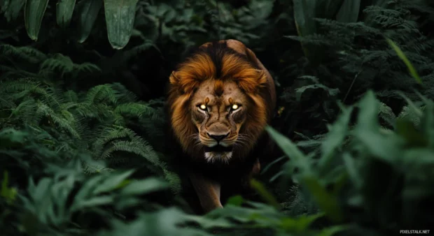A furious lion standing in a dense jungle, claws digging into the ground, glowing eyes locked onto its prey.