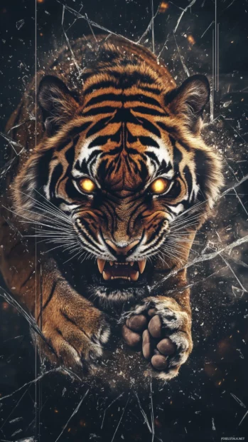 A furious tiger shattering the screen, sharp claws and broken glass in motion.
