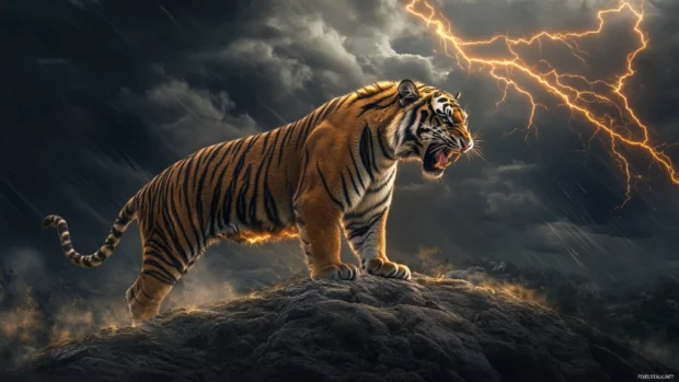 A furious tiger with electric sparks crackling around its body, standing on a mountain peak as a storm rages behind.