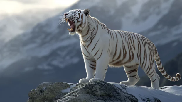 A furious white tiger roaring on a snowy mountaintop, wind howling around it, its icy blue eyes glowing with rage.