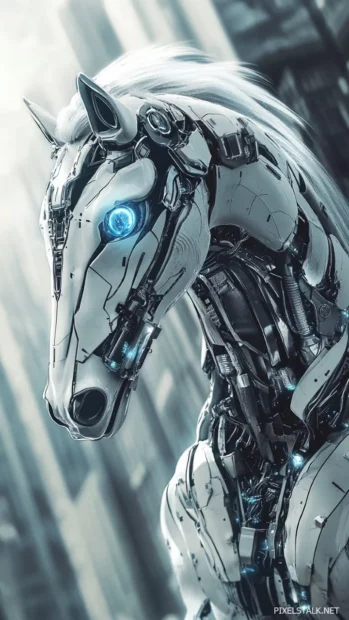A futuristic cybernetic white horse with metallic accents and glowing blue eyes, standing in a high tech cityscape.