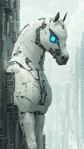 A futuristic cybernetic white horse with metallic accents and glowing blue eyes, standing in a high tech cityscape.