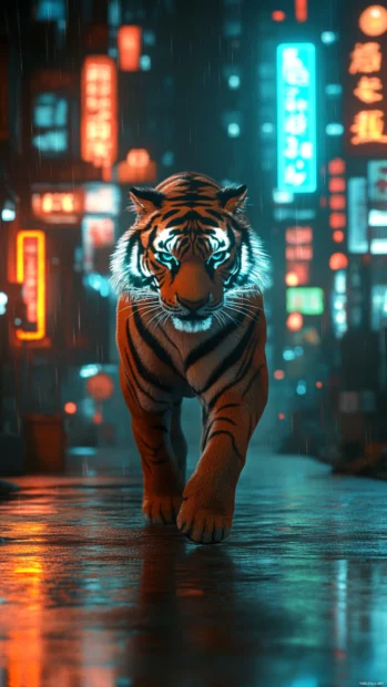 A futuristic tiger with holographic fur, walking through a sci fi city illuminated by neon lights.