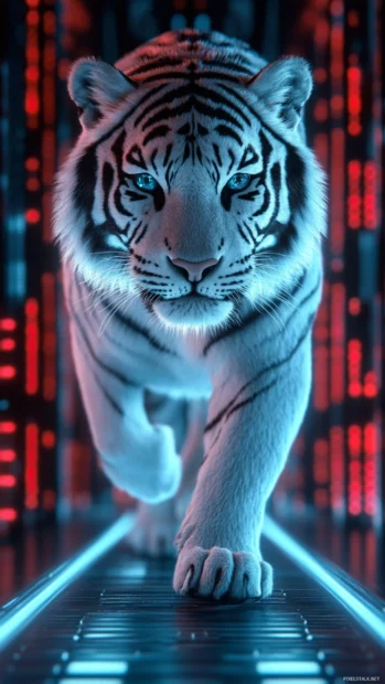 A futuristic tiger with holographic fur, walking through a sci fi city illuminated by neon lights.