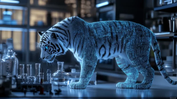 A futuristic white tiger with bioluminescent fur, growling menacingly in a high tech laboratory, glowing circuits embedded in its body.
