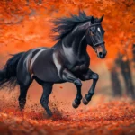 A galloping horse kicking up autumn leaves, vibrant colors all around.