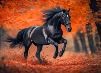 A galloping horse kicking up autumn leaves, vibrant colors all around.