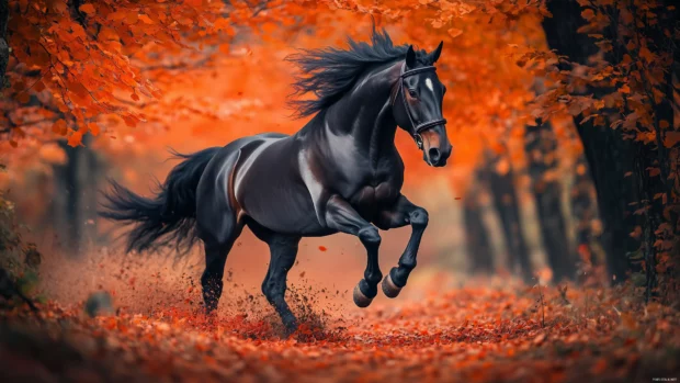 A galloping horse kicking up autumn leaves, vibrant colors all around.