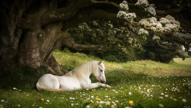 A gentle horse resting under a tree, wildflowers scattered around.