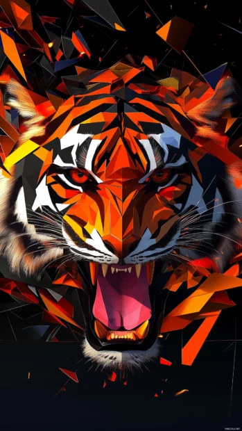 A geometric tiger design with bold angular strokes, bright orange, black, and red hues.