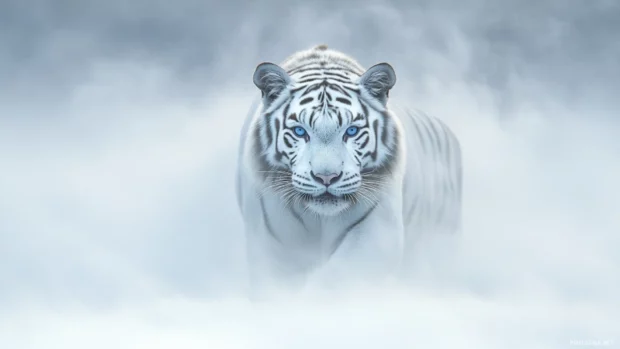 A ghostly white tiger emerging from fog, piercing blue eyes in a deadly gaze, eerie presence.