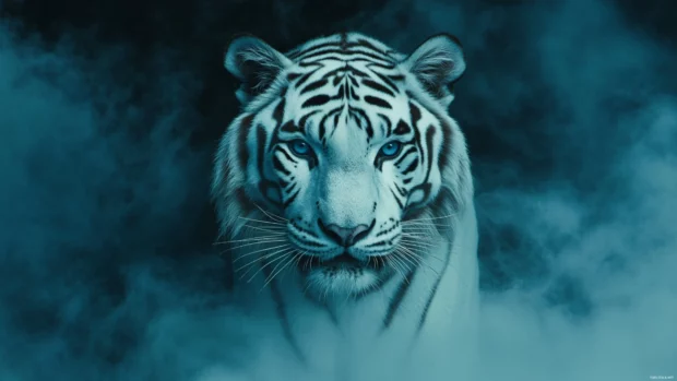 A ghostly white tiger emerging from the fog, its piercing blue eyes locked in a deadly gaze, an eerie and powerful presence.