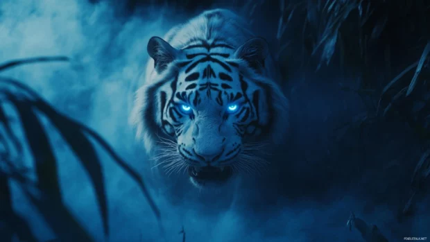A ghostly white tiger with glowing blue eyes, roaring in the middle of an eerie, misty jungle, haunting atmosphere.