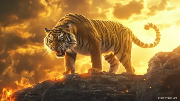 A giant tiger standing on a rocky ledge, golden sunset behind it, wind blowing through its thick fur as it roars fiercely.