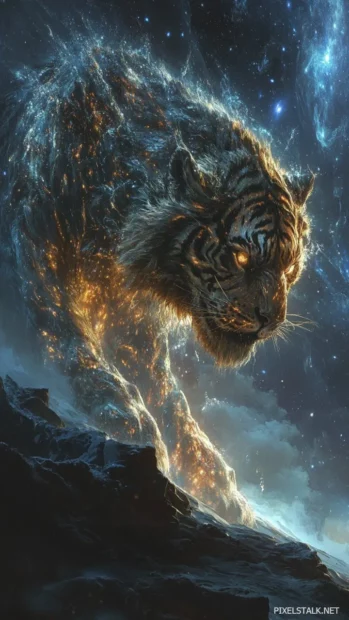 A giant tiger with flowing cosmic fur, standing on the edge of the universe, its body merging with the galaxies beyond.