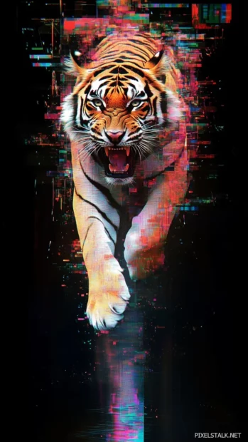 A glitch effect tiger in mid leap, blending digital art with wild nature.