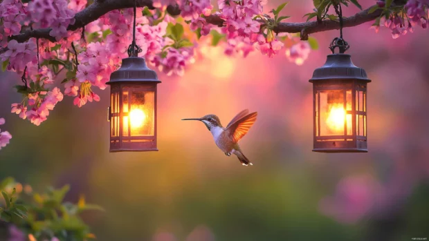 A glowing hummingbird flying between hanging lanterns in a fantasy garden.