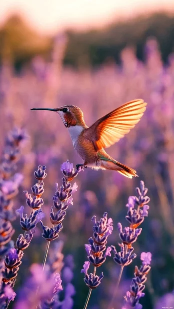 A golden hummingbird dancing above sunlit lavender fields, glowing in the afternoon light.