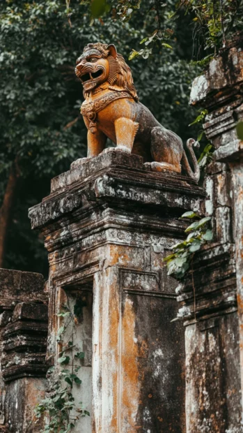 A golden lion standing atop a crumbling ancient temple, vines creeping around the ruins.