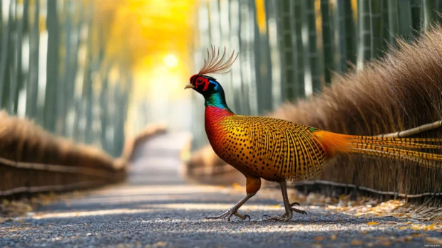 A golden pheasant walking through a bamboo grove, its bright yellow crest shimmering under soft sunlight.