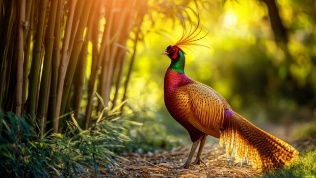 A golden pheasant walking through a bamboo grove, its bright yellow crest shimmering under soft sunlight.
