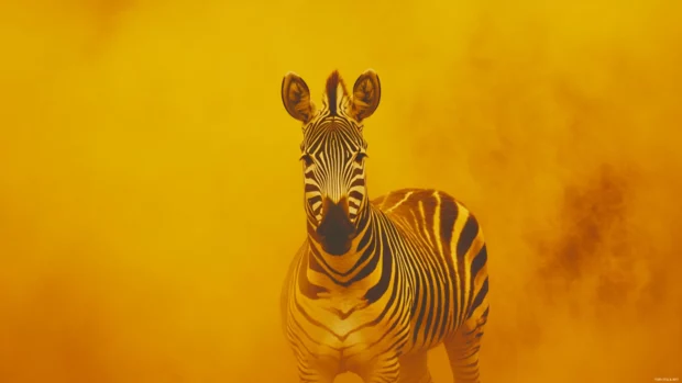 A golden savanna with a zebra, its black and white pattern vivid.