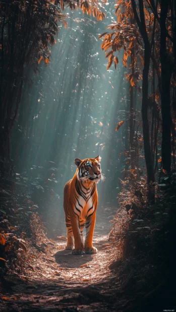 A golden tiger in a dense jungle, sunlight breaking through the trees.
