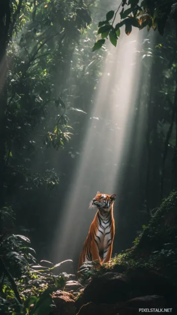 A golden tiger standing in the middle of a dense jungle, shafts of sunlight breaking through the trees, highlighting its powerful.