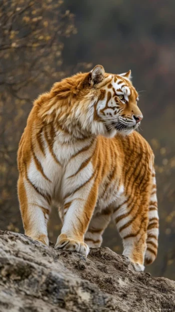 A golden tiger standing on a mountaintop.