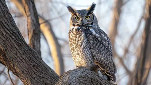 A great horned owl sitting silently on a tree branch under moonlight, piercing yellow eyes glowing.
