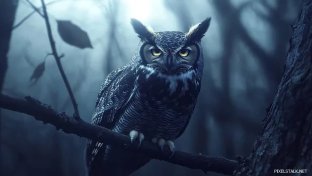 A great horned owl sitting silently on a tree branch under moonlight, piercing yellow eyes glowing.