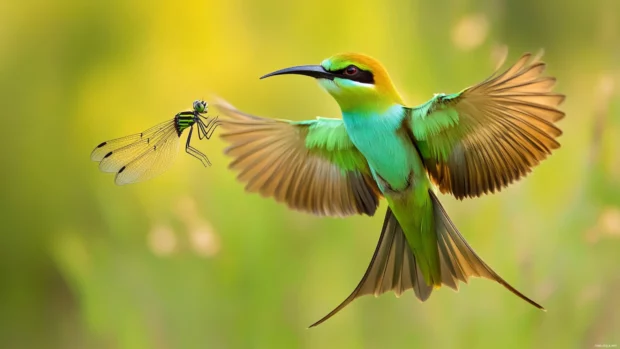 A green bee eater hovering above a meadow, wings outstretched, catching a dragonfly mid air.