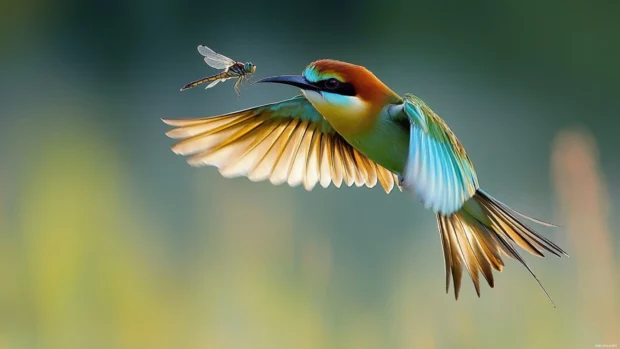 A green bee eater hovering above a meadow, wings outstretched, catching a dragonfly mid air.