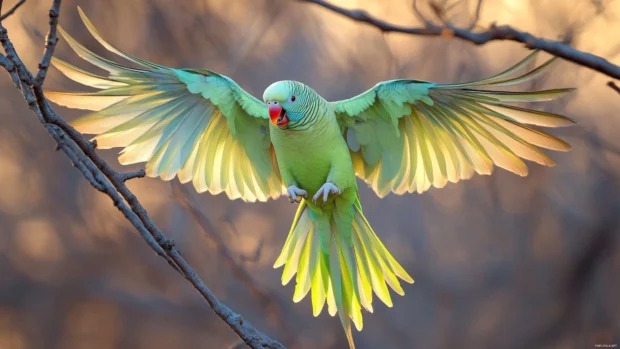 A green parrot captured mid screech on a high branch, wild and untamed, suitable for a parrot desktop wallpaper.
