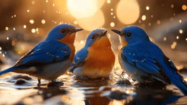 A group of bluebirds bathing in a shallow stream surrounded by sunlight