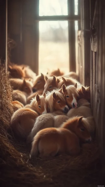 A group of miniature horses cuddling in a cozy barn, their fluffy coats glowing.