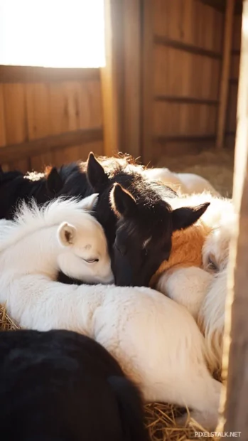 A group of miniature horses cuddling in a cozy barn, their fluffy coats glowing.