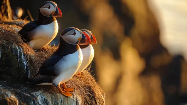 A group of puffins nesting on a seaside cliff, their comical beaks highlighted by golden hour light.