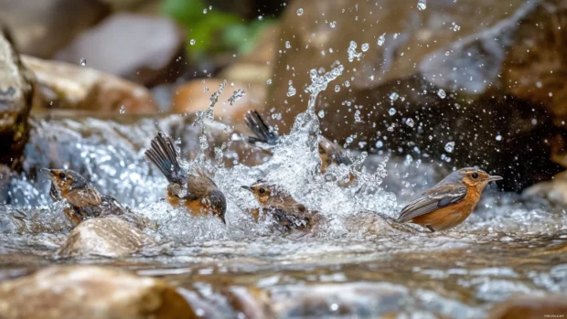 A group of small bluebirds bathing in a shallow mountain stream, droplets sparkling in the sun.
