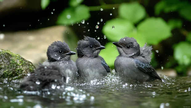 A group of small bluebirds bathing in a shallow mountain stream, droplets sparkling in the sun.
